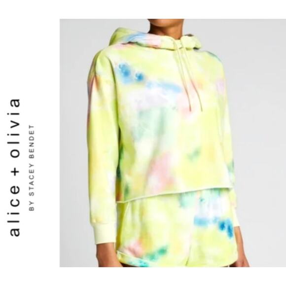 Alice + Olivia Tie Dye Funnel Neck Crop Hoodie Beachside Yellow L - Picture 1 of 11